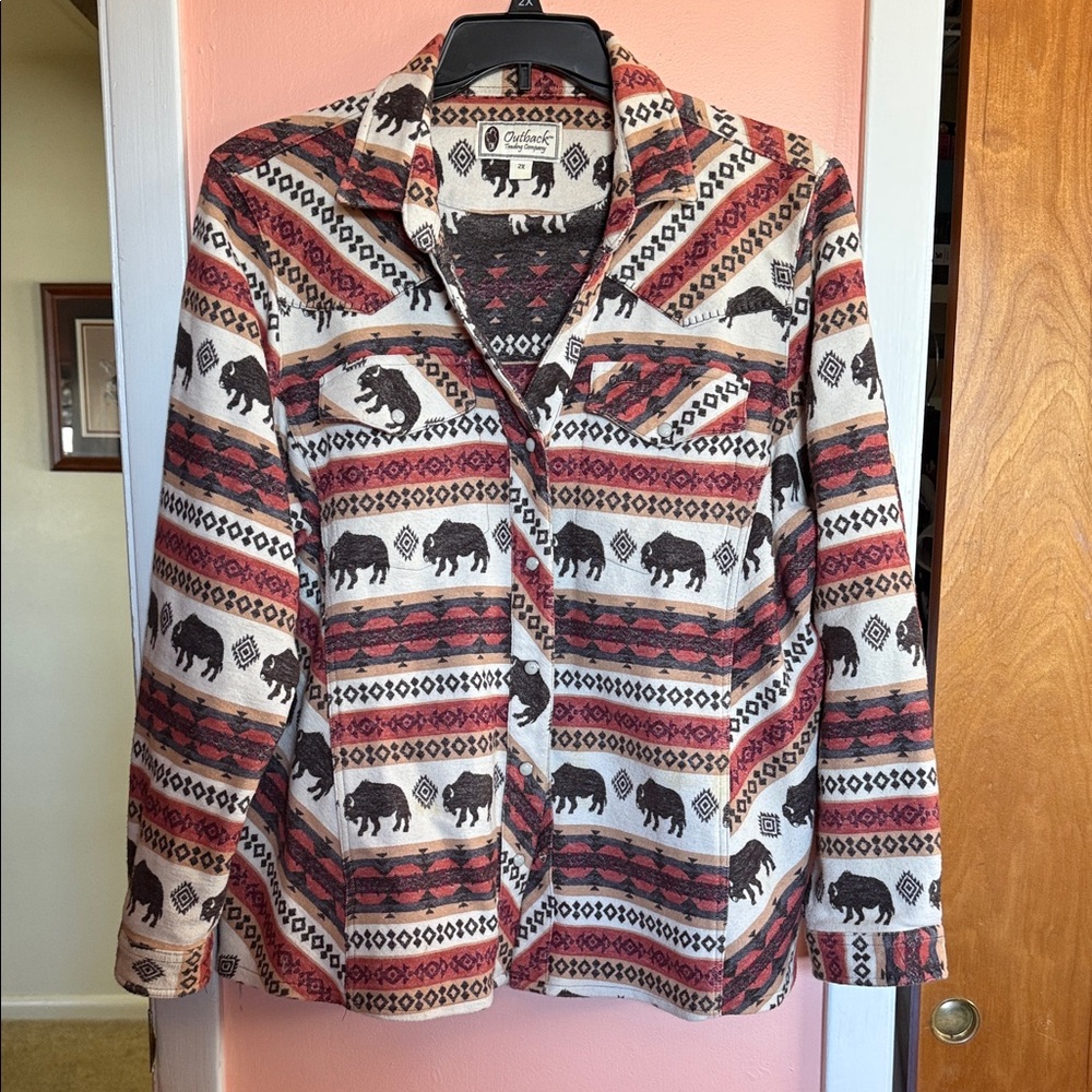 Outback Trading Company Orange and Black Patterned Women's Blazer, Snap closure.